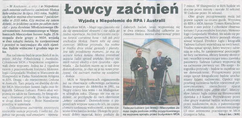 Wycinek z ''Dziennika Polskiego'' z dnia 2002-11-23